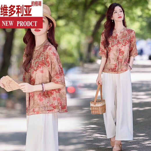 维多利亚的格调中式刺绣印花亚麻套装女2025夏款贵气感御姐宽松减龄轻奢两件套裤 绿色 M