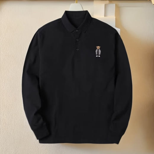 Kuraishi Kazuki co-designed black POLO shirt men's short long sleeve 25 embroidery autumn and winter new loose large size lapel bear top dark night black XL