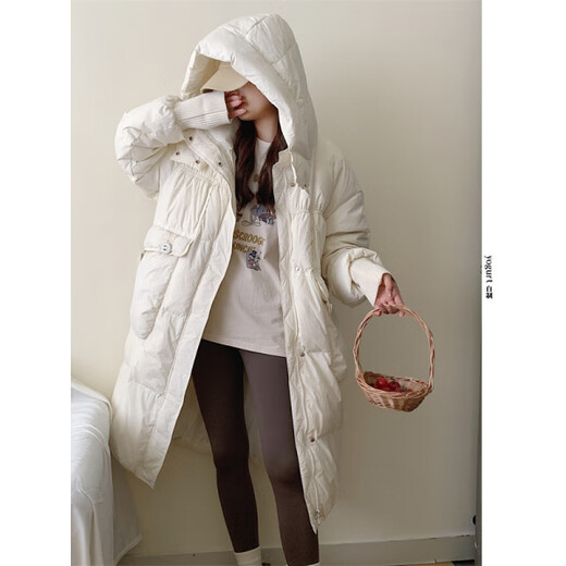 Yunxing Down Jacket Women's 2026 New Korean Style Long Over-the-Knee Hooded Fashion Down Jacket Women's Loose White Duck Down Warmth Plus White S 80-120Jin Jin is equal to 0.5 kg