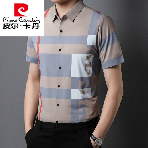 皮尔卡丹（PIERRE CARDIN）高端中年男士短袖衬衫薄款无痕冰丝夏季格子寸衣翻领爸爸装潮上衣 SHQE9761黑色 均码 170L