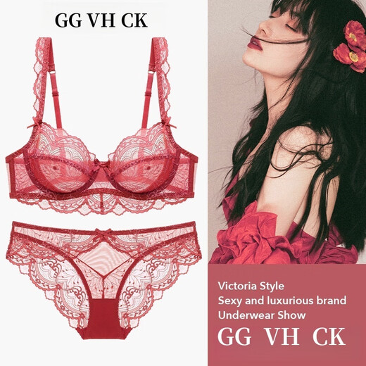 GG VH CK light luxury ultra-thin sexy underwear for women autumn new breathable lace big breasts showing small anti-sagging large size bra set rouge red brand underwear limited edition 80C with L underwear