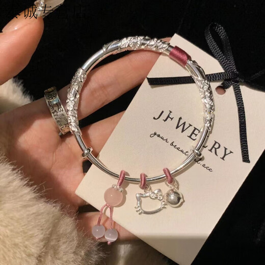 KZD2025 spring and summer new style 999 pure silver kitty silver bracelet sterling silver solid bell bracelet ins high-value bracelet flower kitty bell 28g with certificate gift box old