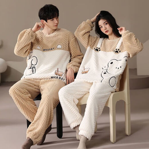 Victoria's style couple's pajamas winter coral velvet thickened and warm one man and one woman cartoon cute home wear outer suit LN9018 M women's + men's L