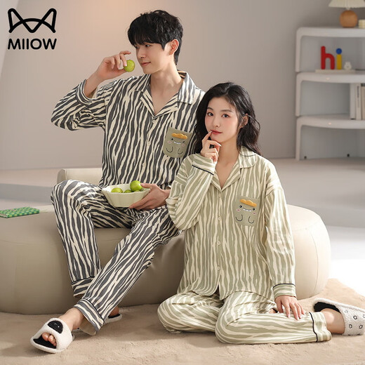 MiiOW spring and autumn cardigan lapel couple pajamas for men and women pure cotton long-sleeved trousers loose casual can be worn outside home clothes suit AM female 34843 male 34844 XL female