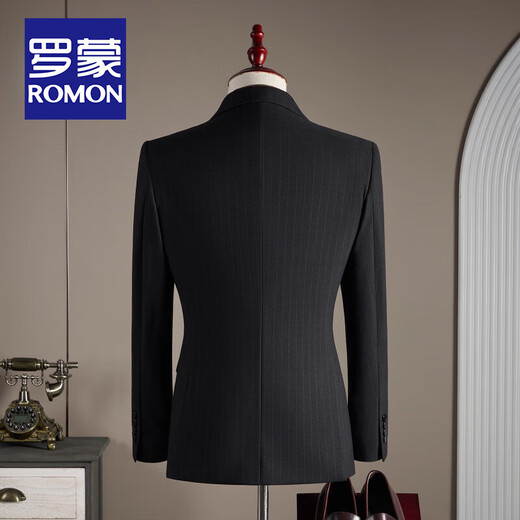 ROMON Double-breasted Striped Suit Men's British Style Business Slim Small Suit Groom Wedding Dress Jacket Men's Three-piece Suit - Black Suit + Trousers + Vest (Free White Shirt + Brooch) 2XL /54 Size 135-148Jin Jin is equal to 0.5kg Wear