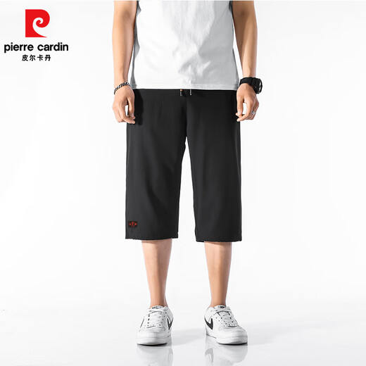 Pierre Cardin cropped pants men's summer loose straight casual shorts for outer wear sports large pants men's style black cropped pants XL