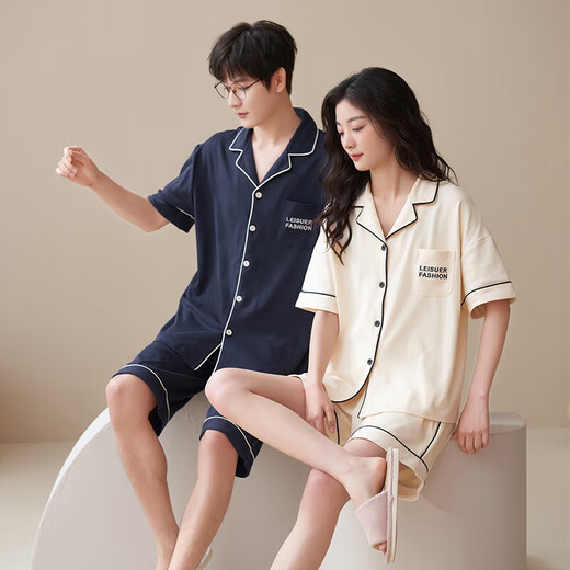 Summer Couple Pajamas Women's Men's Short Sleeve Summer Boys Can Wear Outerwear Home Clothes Set 2025 New Fashion QM55009 English Pocket Couple Style One Size Women's M+ Men's XL
