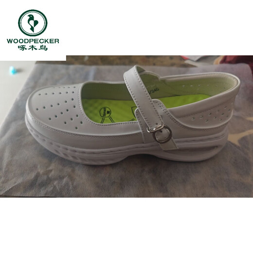 Woodpecker genuine leather nurse shoes for women with holes, soft soles, breathable and non-tiring, hollow anti-slip summer sandals, thick sole air cushion medical shoes 6636 hollow white 37