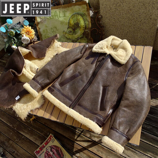 JEEP SPIRIT vintage Peng Yuyan's same American-made American retro heavyweight sheepskin one-piece B3 flight jacket brown cracked rice curly wool.J188 L 130-145Jin Jin equals 0.5 kg