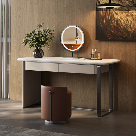 Jiajiahuan 2025 new Italian minimalist master bedroom dressing table with mirror marble bedroom high-end light luxury dressing table 0.8 meter dressing table + stool + mirror / Kari ice jade / gray titanium