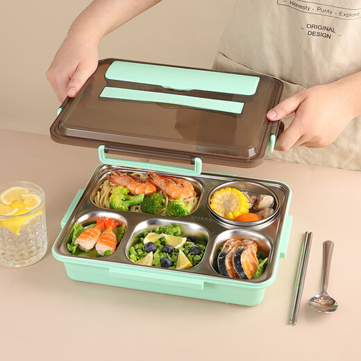 304 stainless steel compartment large capacity insulated lunch box student office workers canteen lunch box with lid anti-scald lunch box 304 material 5 compartments + chopsticks and spoons 1800ml Nordic blue