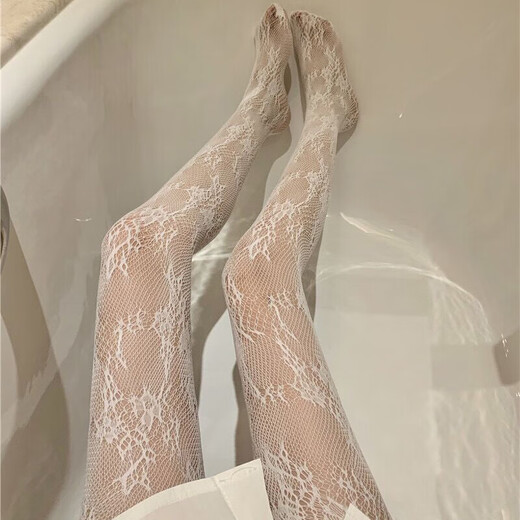 Lace fishnet stockings white stockings women's thin lolita ultra-thin jk stockings pantyhose large size white silk Japanese one-piece lace fishnet stockings flower vine white 1 piece one size fits all