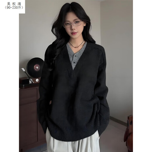 Wu Quanwan old money style deep v-neck fake two-piece sweater men's autumn lazy American retro Henry collar sweater black upgrade black upgrade XL