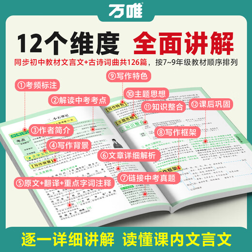 2026 Examen d'entrée au lycée de Wanwei Interprétation complète du chinois classique Formation spéciale en langue chinoise au lycée. Les niveaux 1, 2, 3, 8, 9 et 7 doivent mémoriser des poèmes anciens et des interprétations complètes du chinois classique. Formation pratique à la lecture à guichet unique Wanwei Flagship Store Interprétation complète du chinois classique - Explication complète + exercices de test