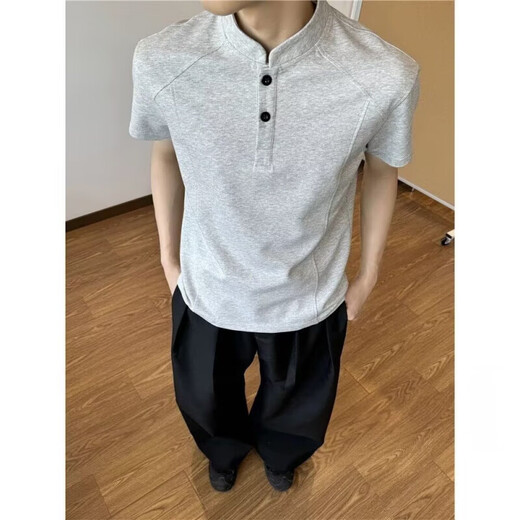 Mo Xiaodao American retro right shoulder short-sleeved men's summer cleanfit Henry collar t-shirt men's slim sports top polo shirt light gray L recommended 100-120Jin Jin equals 0.5 kg