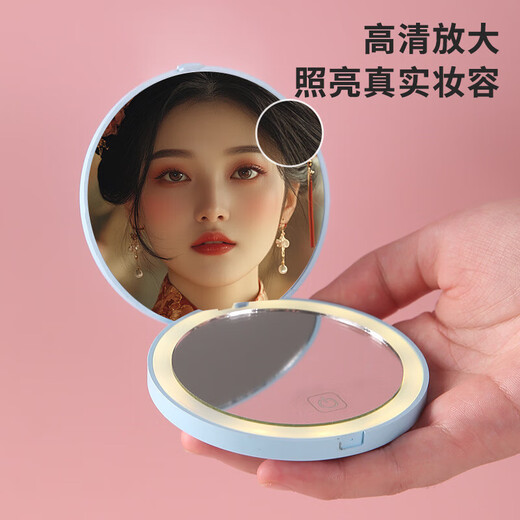 LED Cartoon Cosmetic Mirror Double-sided with Lights Three-tone Dimming Desktop Folding Mirror with Lights to Fill in Light Student Dressing Portable Princess Mirror Pink 8.9*8.9*2.1