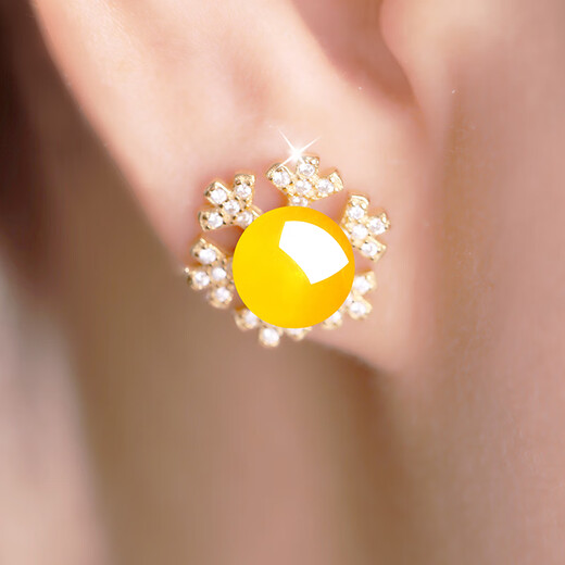 Shi Yue Jewelry Natural Amber Beeswax Earrings Earrings Single Bead S925 Silver Inlaid Accessories Women's Gift