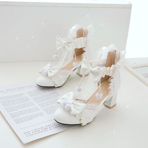 Fenziyan children's high-heeled shoes, fashionable Internet celebrity girls' Lolita catwalk shoes, starring big boys, students and princesses, white upgraded version, heel height 2.5cm 27, inner length about 17.2cm