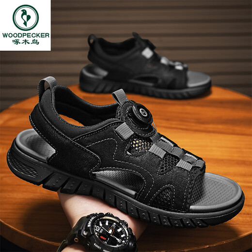 
Woodpecker Summer Men's Open-toed Sandals Leather Breathable Rotary Buckle Beach Shoes Outdoor Sports and Leisure Sandals Hole Shoes Gray [9856 Beach Style] 38
