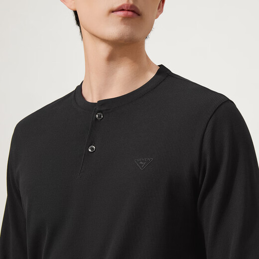 Qipai Men's Waffle Long Sleeve T-shirt 2025 Autumn New Fashion Casual Henry Collar Xinjiang Cotton Half Cardigan T-shirt Men Black Waffle, Xinjiang Cotton L 175/92A