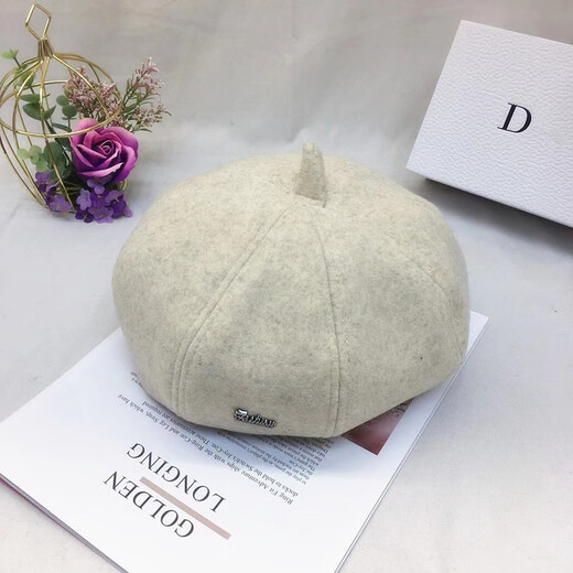 Wine Style Senior 2025 Autumn and Winter Hat Women's Korean Colored Wool Letter Beret Japanese Artistic Artist Hat Fashionable Beanie Hat Off-White M (56-58cm)