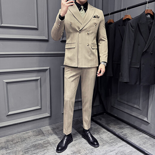 Jason's double-breasted plaid suit men's suit high-quality formal dress business casual groom's wedding suit three-piece khaki (suit + shirt + pants) 2XL