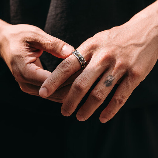 Mingyang Decorative Sea Rotatable 925 Sterling Silver Double Pixiu Ring Men's Six-Word Motto Single Ring Original Design Retro Ring US Size 11# (Suitable for Hong Kong Sizes 25-26)