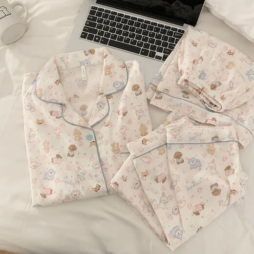 Jingpufei cartoon puppy pajamas for women in summer thin cotton silk home clothes three-piece set Yunduo Cotton-9906# Star puppy three-piece set XL women [suggested 115-140Jin [Jin equals 0.5 kg]]