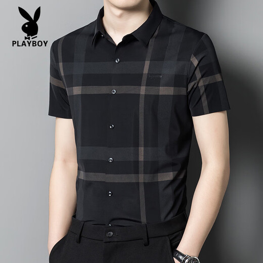 
Playboy (PLAYBOY) high-end middle-aged men's short-sleeved shirt thin markless ice silk summer plaid lapel daddy top SHQE9761 blue one size 165M
