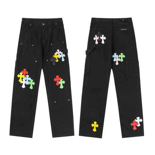 Crowxin offizieller 2025 Trendy Brand Cross Stickerei High Street Amerikanische vielseitige Männer und Frauen lose Jeanshosen gerade Hosen 9928 Black 9928 Black S