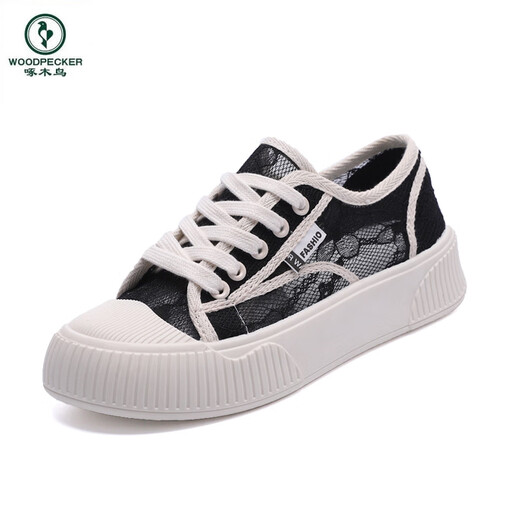 
Woodpecker 2025 summer new mesh mesh shoes summer small white women's shoes canvas shoes thin versatile thick sole breathable board shoes 9901 black 35