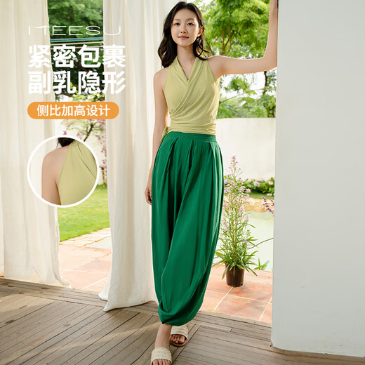 Meesu yoga blouse women's sleeveless summer casual sports light bloomers Chinese fashion Pilates meditation dance wear bamboo green + grass green two-piece set L