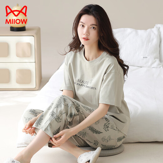 MiiOW 2025 new pajamas for women summer pure cotton short-sleeved trousers can be worn outside casual brand home clothes suit YZT9721 M Recommended 80-100Jin Jin equals 0.5kg to wear