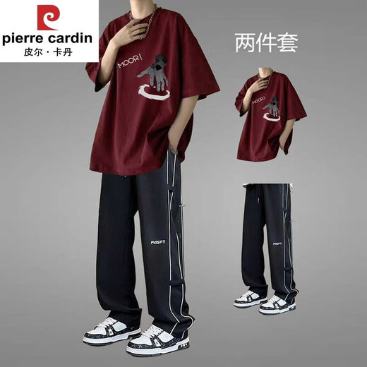 皮尔卡丹青少年运动套装男夏季纯棉短袖男装2025新款潮流帅气高中学生夏装 【两件套】1048款纯棉T恤灰+裤3 S