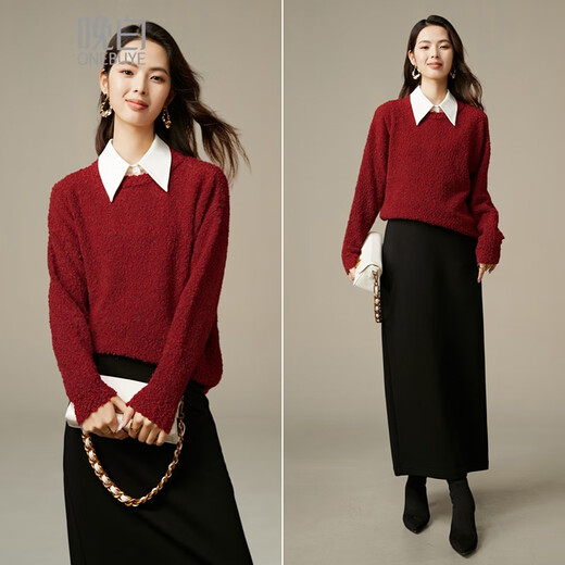 Late White Exclusive 2025 Autumn Style Simple Chinese Red Sweater Solid Color Soft Waxy Wool Sweater Women Red L