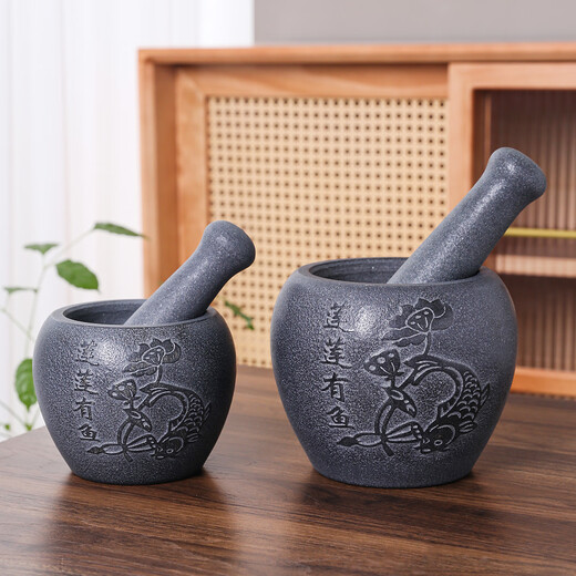 Yi Yuanxuan household natural black gold garlic mortar, stone mortar, medicine jar, stone cup, garlic pounder, pair of wolei bowl, pepper mashing and grinding machine, black gold stone lotus, fish outer diameter 13CM
