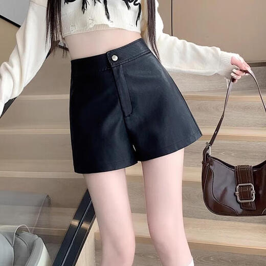 New style small leather shorts for women in autumn and winter, new black American shorts, versatile high-waisted, A-line European goods, black L (recommended 105-110 Jin Jin equals 0.5 kg)
