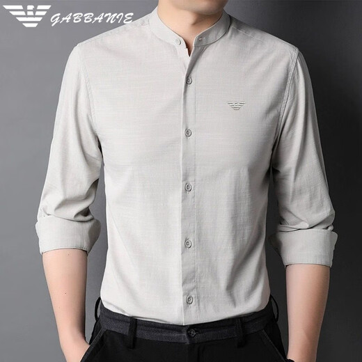 FALAMONE Armani small stand collar cotton shirt men's 2025 spring and autumn casual shirt with Chinese collar inch shirt thin XQFD-9930 light gray L 175
