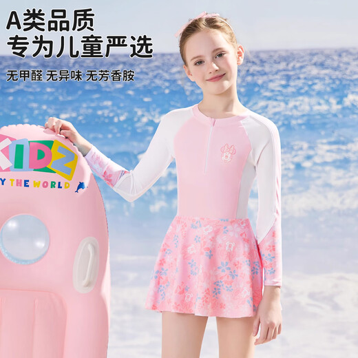 Disney children's swimsuit girls one-piece 2025 new girls sun protection swimsuit middle and large children junior high school student swim skirt Pink Minnie 100 Recommended weight 25-35Jin Jin equals 0.5 kg