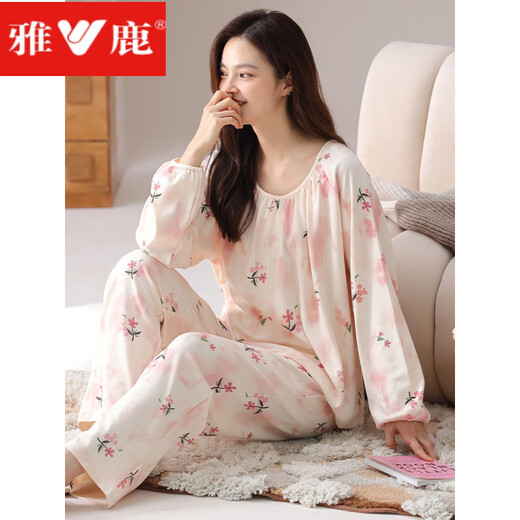 Yalu Guofeng spring and autumn long-sleeved pajamas set for women cotton summer and winter style with chest pad integrated large size home clothes can be worn outside HRY1047 M recommended 75-95Jin Jin equals 0.5 kg)