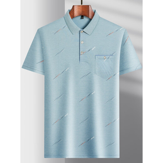 Camiseta de manga corta de cuello yinxin para la solapa de mediana edad de los hombres y ancianos camiseta de papá para papá para hombres de mediana edad, la camisa delgada de la delgada de hielo de la seda de hielo/9923 azul de bolsillo real M/165