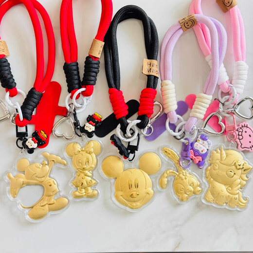 Old temple Minnie Mickey Unicorn Star Dailu mobile phone chain pure gold 999 cartoon pendant women's bag hanging chain cute pendant pure gold Minnie single pendant