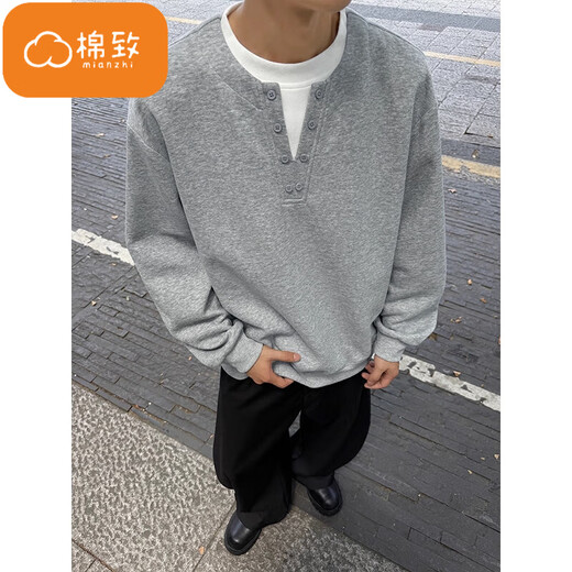 Cotton heavy fake two-piece Henry collar sweatshirt for men spring and autumn 2025 new loose simple casual bottoming shirt top X88 black regular high quality 33 2XL 140-160Jin Jin is equal to 0.5 kg