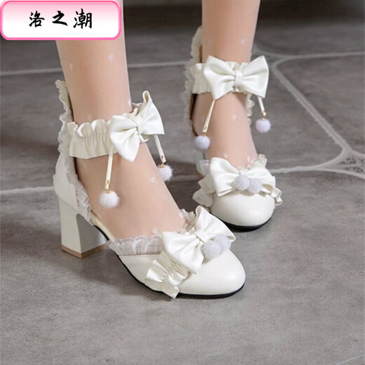 Luo Zhichao summer children's high-heeled sandals for female students with toe buckle and bow princess new medium and large children's performance girls' shoes white upgraded version quality assurance certificate 36 inner length about 22.5cm