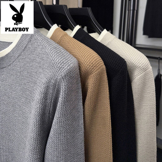 Playboy (PLAYBOY) high-end Henry collar sweater men's autumn new casual pullover button sweater with underlay shirt for men, light gray XL