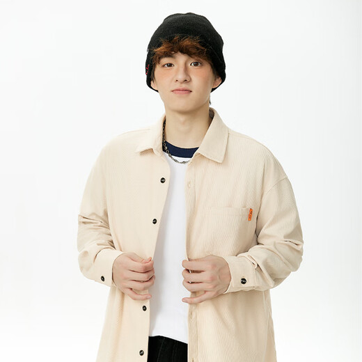 名创优品（MINISO）灯芯绒衬衫男款春秋翻领长袖外套青少年简约工装衬衣 黑 L