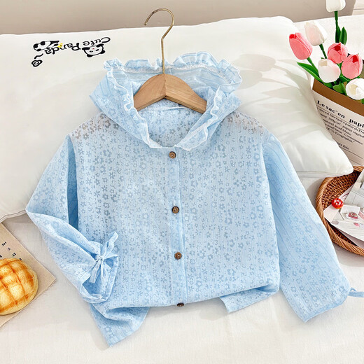 Cute lace sun protection clothing for girls and babies 2025 summer internet celebrity new children's breathable and lightweight hooded k554 light blue 90 cm