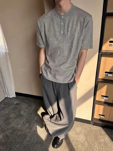 POU retro Henry collar knitted short-sleeved men's summer trend old money style polo shirt T-shirt American cleanfit half TXS-7708 gray TXS-7708 gray M