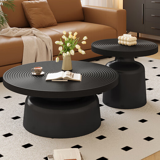 MIHUAI round coffee table for living room and home 2025 new modern simple light luxury small apartment light luxury carbon steel small coffee table combination coffee table 50+70 black background walnut color tabletop*