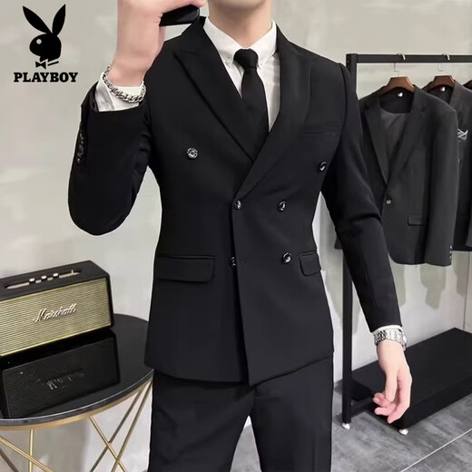 Playboy (PLAYBOY) spring, autumn and winter men's double-breasted blazer, high-end slim fit suit, groomsmen wedding suit, fashionable top, suit + shirt + trousers + black tie L